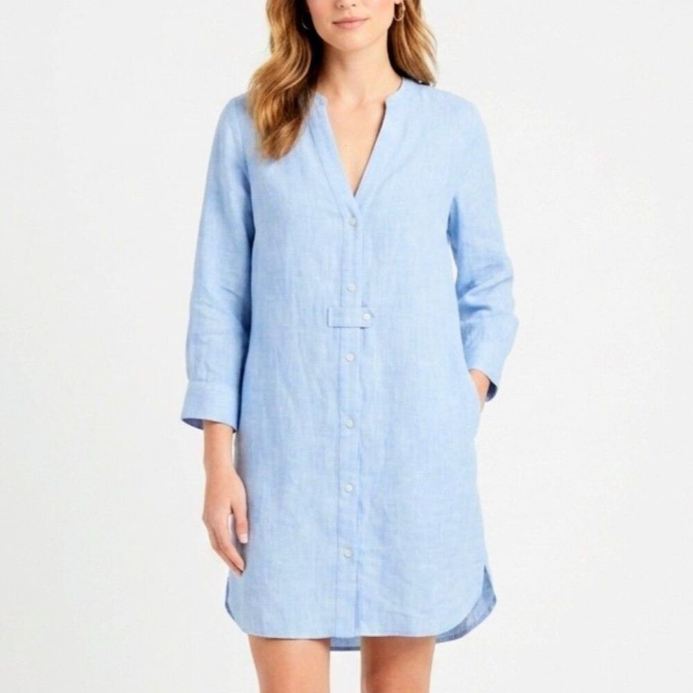 VINEYARD VINES Dress V-Neck Front Buttons Blue Linen Women Extra Small
